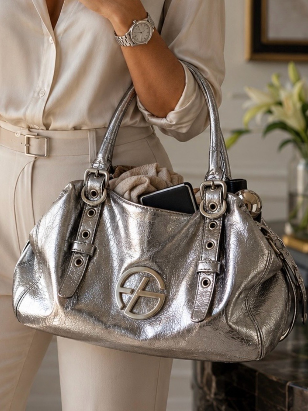 Francesco Biasia Metallic Gunmetal Shoulder Bag